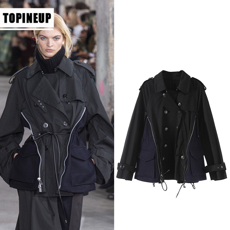 

Women short Personality lapel Waist design Slim loose collision color stitching coat female jacket, Black
