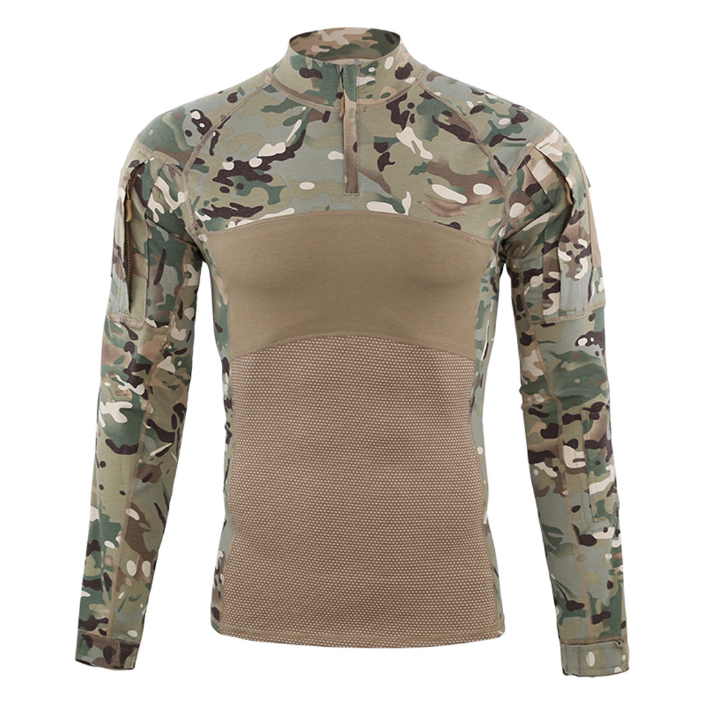 Herren Military Combat T-Shirt Langarm Casual Shirts Freizeit Schwarz Camouflage