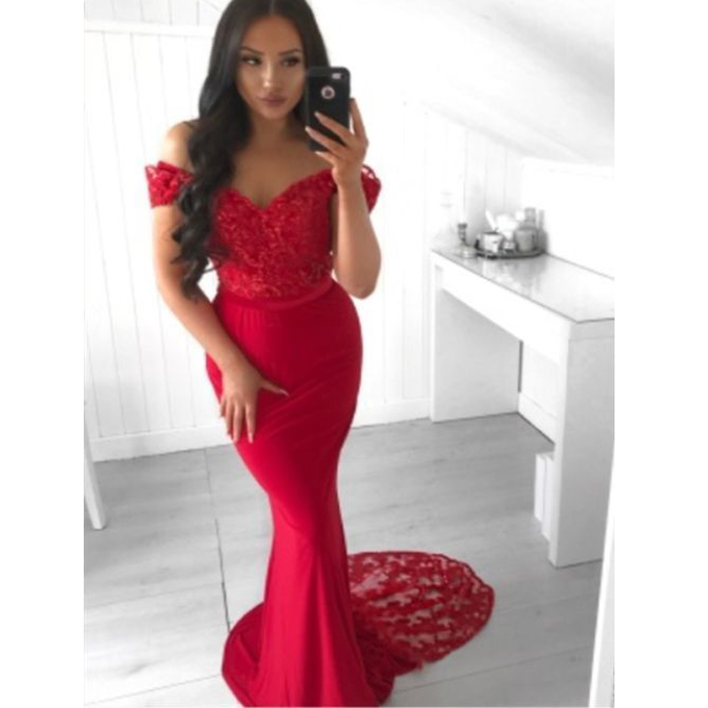 

HWTX_Bridal Red Mermaid Evening Dress 2020 New Customize Lace Off The Shoulder Arabic Dubai Long Prom Party Dress Formal Gown, Black