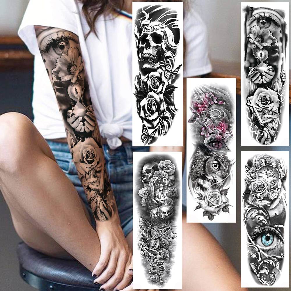 

Full Arm Evil Eye Temporary Tattoo Sticker For Men Women Realistic Skull Rose Flower Tatoos Body Art 3D Waterproof Fake Tattoos