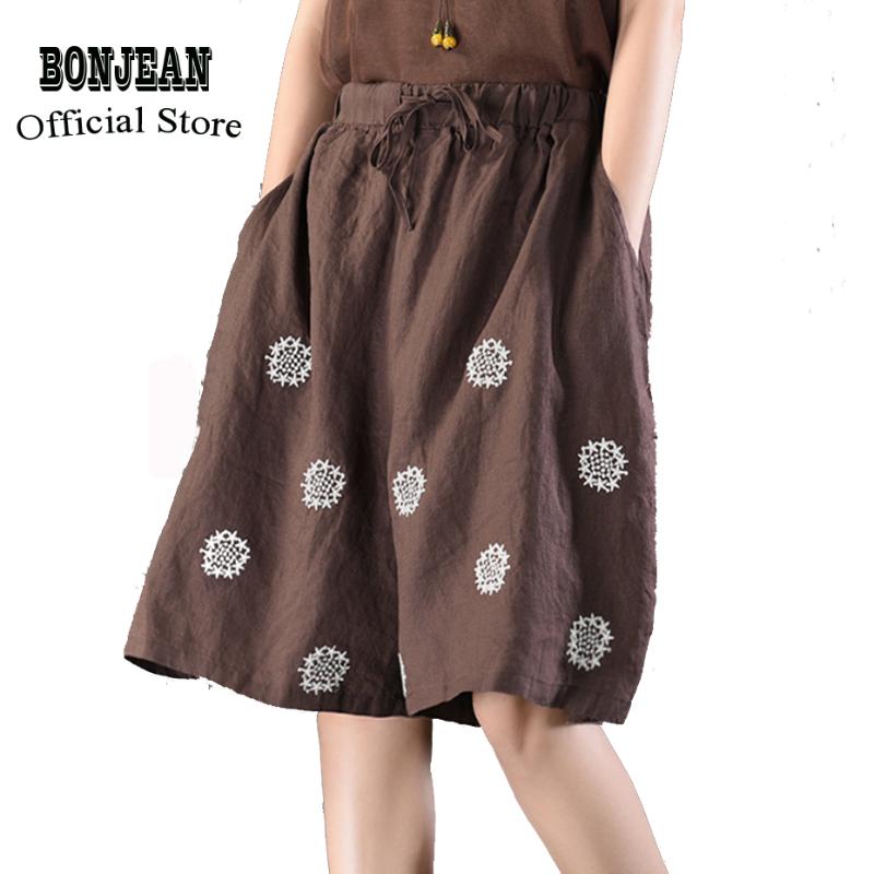 

Women Linen Shorts Fashion Casual Retro Vintage for Summer Knee Length Big Loose Elastic Waist Embroidery AZ39593025, Brown