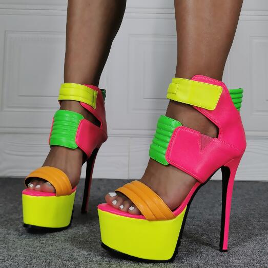

Dipsloot Woman Sexy Lemon Yellow Green Pink Patchwork Hook & Look Platform Sandals Super Thin Heels Peep Toe Sandals Club Shoes, As picture