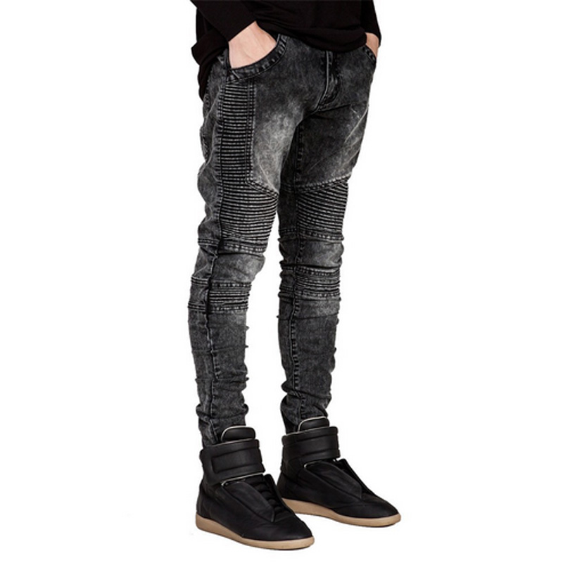

Men Jeans Runway Slim Racer Biker Jeans Fashion Hip Hop Skinny Little pants Street motorcycle pants Spring Autumn For Men, Gray
