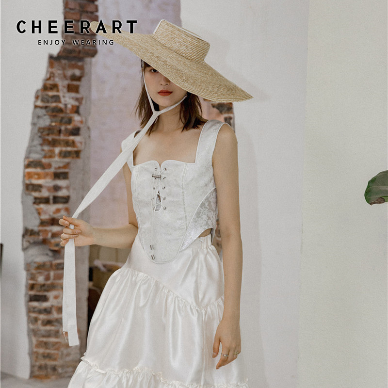 

CHEERART Court Vintage White Crop Tank Top Women Corset Bustier Top Jacquard Square Neck Bandage Summer Floral Ladies Tops, As pic