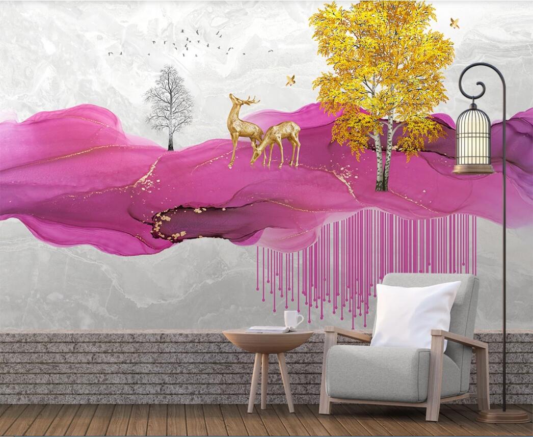 

3d wallpaper custom photo murals New Chinese abstract pink watercolor line mountain elk tree background wall decor wall art pictures, Non-woven fabric