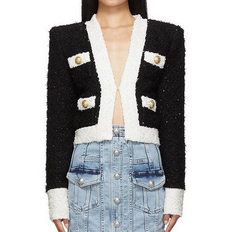 

HIGH QUALITY 2020 Newest Designer Jacket Women' Black White Contast Color Shimmer Tweed Short Jacket, As pic