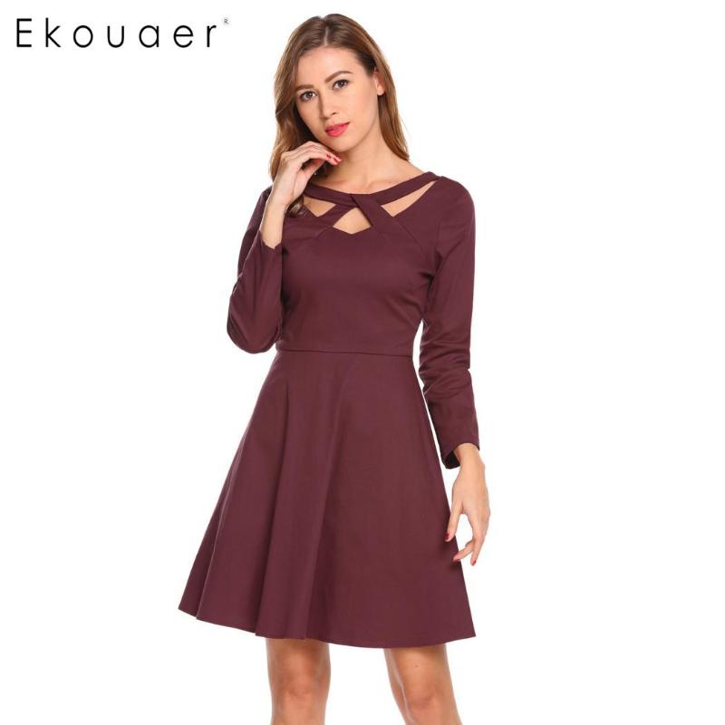 

Ekouaer Women Sexy Dress Spring Autumn Solid Cross V Neck Long Sleeve Backless A Line Dresses 4 Colors, Black