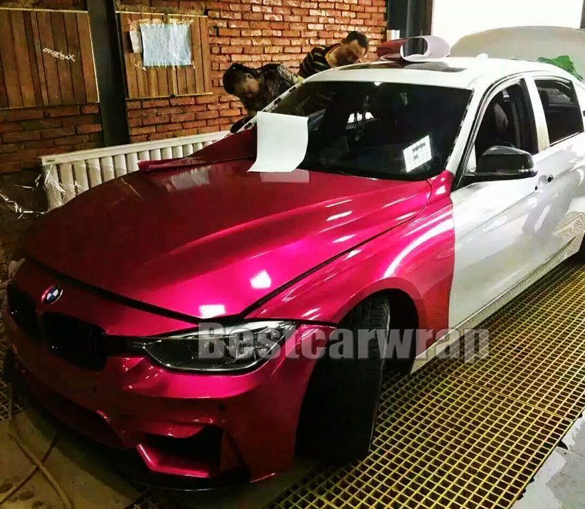 Enveloppe de voiture entière en vinyle métallisé brillant rose bonbon rose bonbon avec colle à faible adhérence sans bulles d'air qualité initial