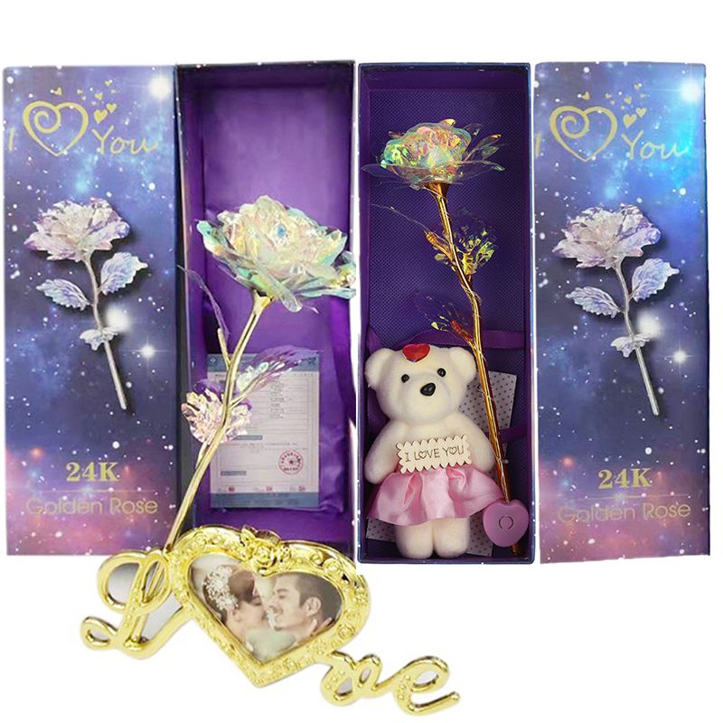 

New Home Decor 24K Gold Foil Gold Glow Rose Vibration Light Bear Artificial Flower Decoration For Home Party Ornament 25*8.5cm