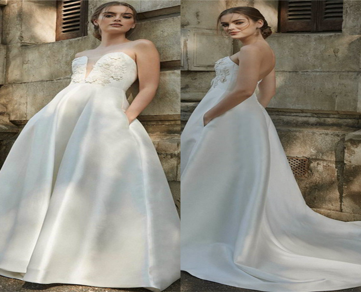 Robes De Mariée En Satin Élégantes Sexy Sans Bretelles Sans Manches Dos Nu Appliqued A-ligne Robe De Mariée Balayage Train Sur Mesure Robes De Ma