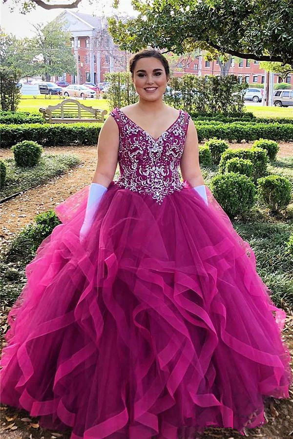 

Plus Size Ball Gowns Quinceanera Dresses V Neck Beads Sequins Ruffles Tutu Prom Dresses Teens Swwt 16 Graduation Dresses Back Prom Gowns, Blue