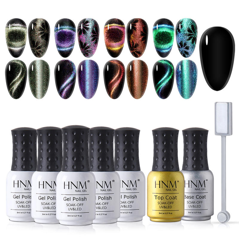 

HNM 9D Chameleon Cat Eye Nail Gel Black Base Need Magnetic Soak Off 5 Color Gel + Base Top Coat+Magnet Set Primer UV LED 8ML