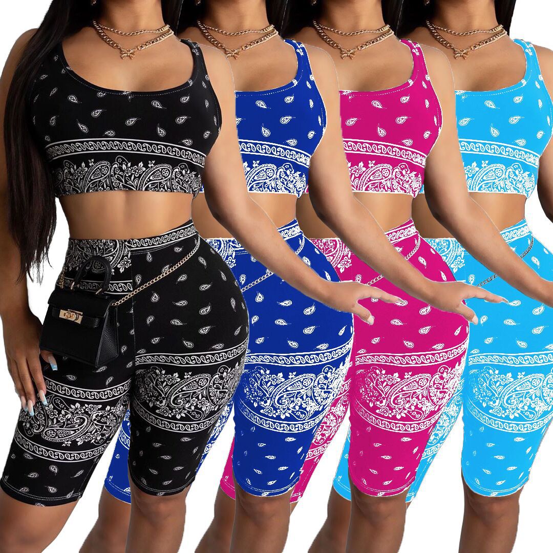 

INS New Pattern Sexy Women Biker Shorts Sets Summer Hottest Printed Sleeveless Cropped Top + Skinny Shorts Party Nightclub Wear 2020, Blue