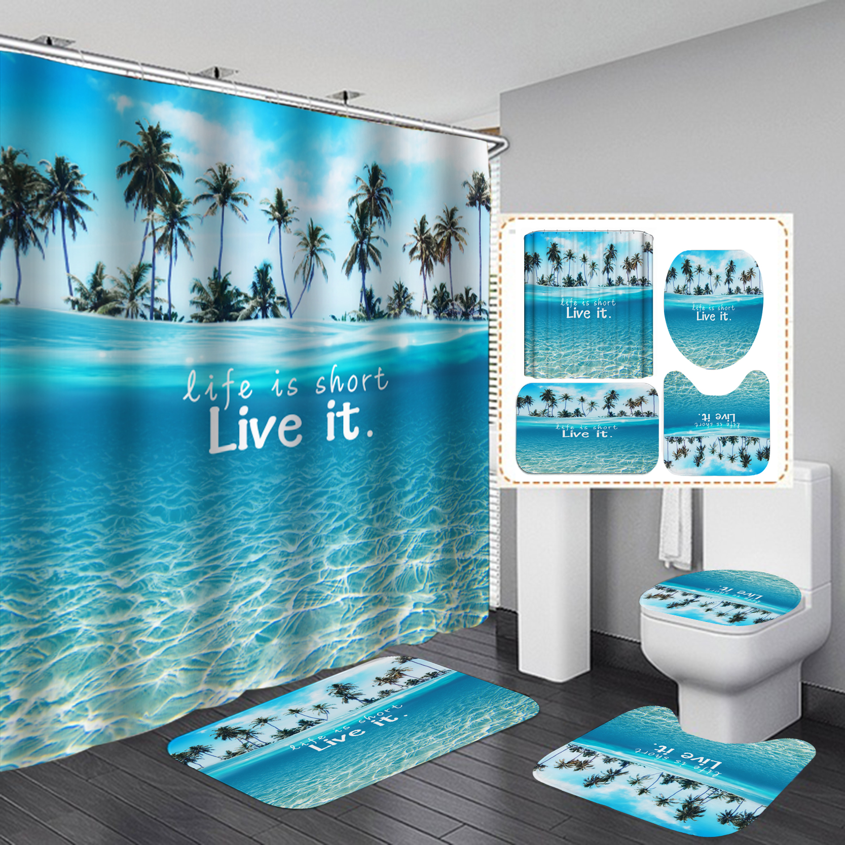 Beach Ocean Shower Curtain Set Non-slip Bath Mat Pedestal Toilet Cover Lid Rug