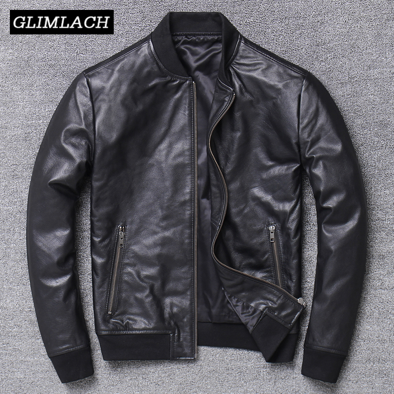 

2019 Men 100% Cowhide Real Cow Leather Jacket Bomber Genuine Leather Coat Autumn Slim Motorcycle Flight Jacket, Black