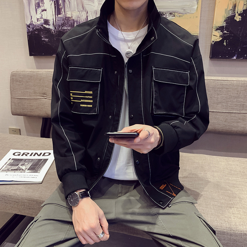 

Japanese 2019 Autumn Streetwear Men Jackets Solid color Casual vintage tooling work biker Jacket Male Bomber Jacket windbreakers, Black