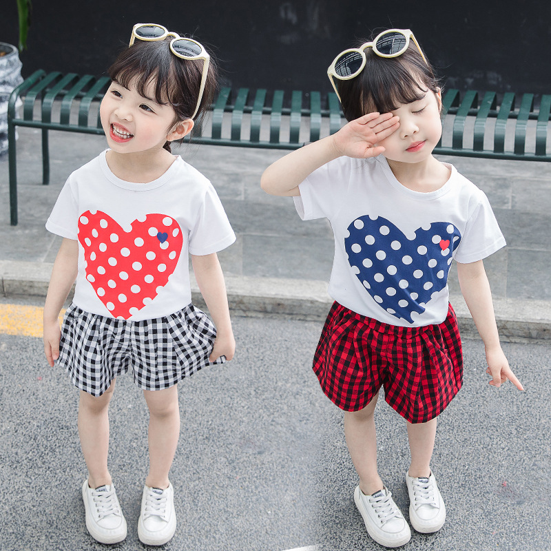 

Retail baby girls love polka dots printed plaid two-piece set kids cotton short sleeve suits children boutique casual fasion clothes, See the pictures