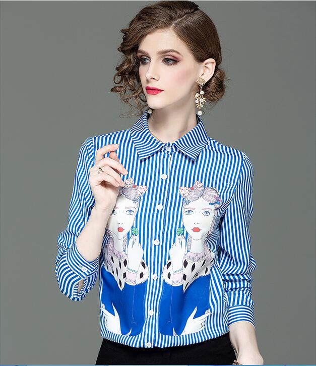 

Playful girl printed blue striped long-sleeved slim fit shirt women shirts spring summer shirts lapel neck fashion ladies shirts