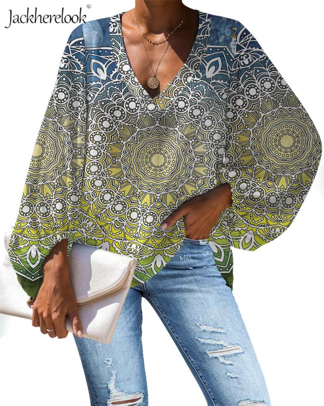 

Jackherelook New Design Gradient Chiffon Blouse for Women Bohemian Elephant Mandala Print 2020 Casual Loose long Sleeve Clothing, Bbd0080b2