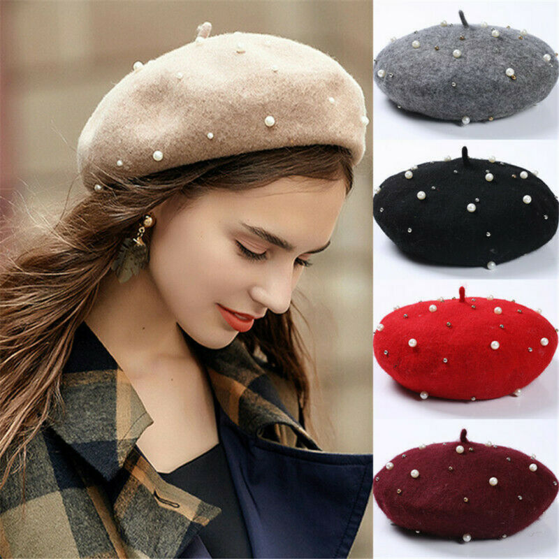 

Vintage Wool Knittd Women French Pearl Beret Hats Ski Caps Warm Winter Girl Sweet Painter Beading Hat Beanie Bonnet Femme Gorras