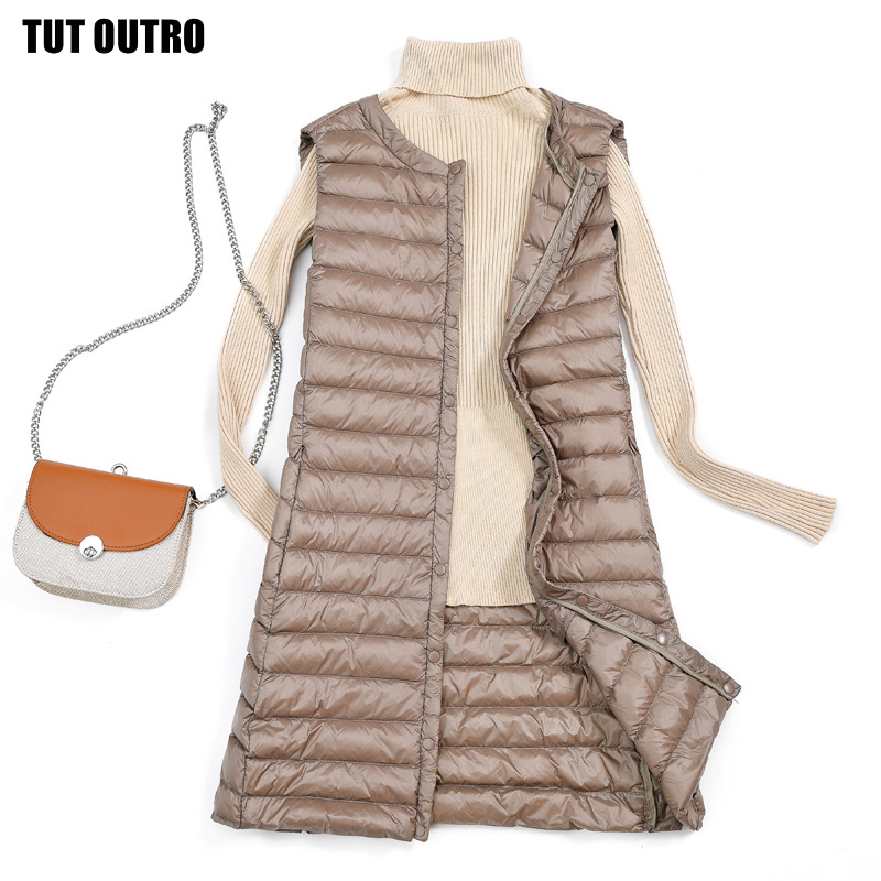 Women 90% White Duck Down Vest Women's Ultra Light Duck Down Vest Long Jacket Autumn Winter Round Collar Sleeveless Coat