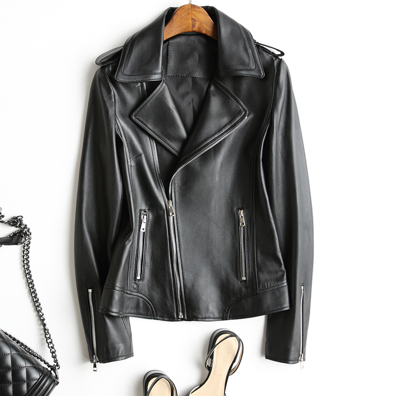 

2019 new Free shipping Genuine leather woman slim jackets ashion motorbiker female sheepskin jacket soft plus size leather coats, Black
