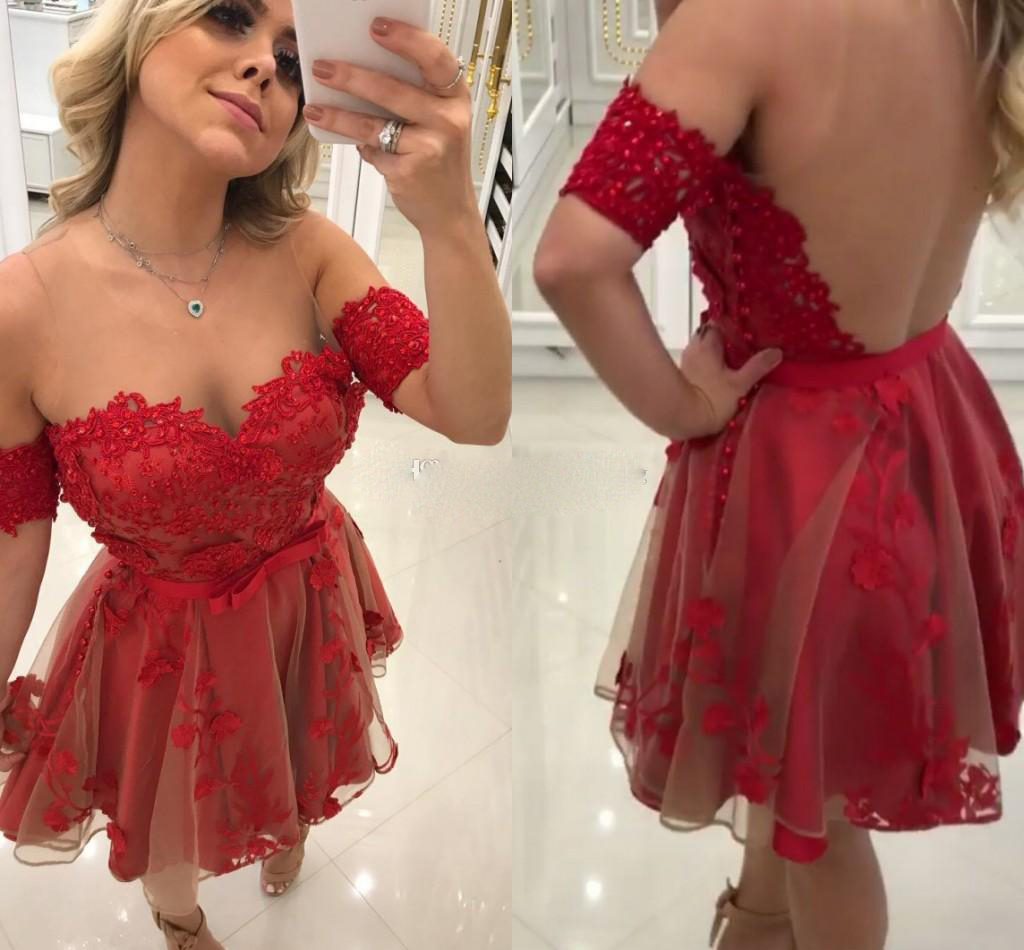 

Off Shoulder Red Short Prom Dresses Sheer Neck Short Sleeves Appliques Beaded Tulle Backless Short Party Dresses Illusion Back, Yellow