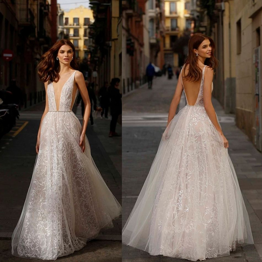 

Jolie 2021 Wedding Dresses Sexy Deep V Neck Backless Lace Appliques Bridal Gowns Custom Made Sweep Train Beach A-Line Wedding Dress, Ivory