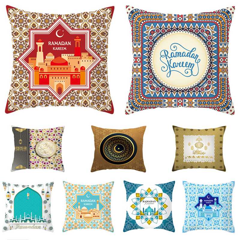 

Ramadan Decoration Eid Mubarak Moon Mosque Polyester Cushion Cover Decorative Cushions Pillow for Sofa Living Room Cushion, 17