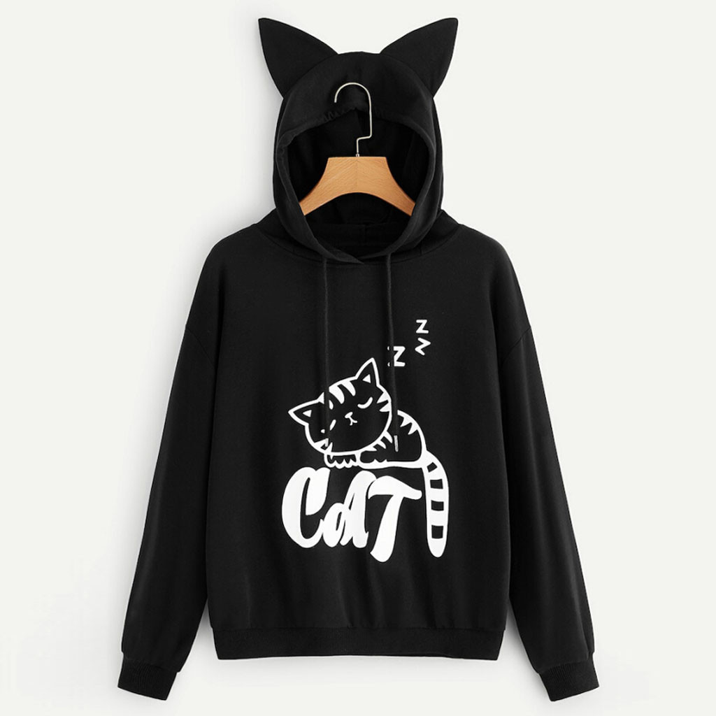 

CHAMSGEND Sweatshirts with Cat ears Womens Hoodies kpop harajuku Cat Letter Print Long Sleeve Hooded Pullover streetwear F722, Bk