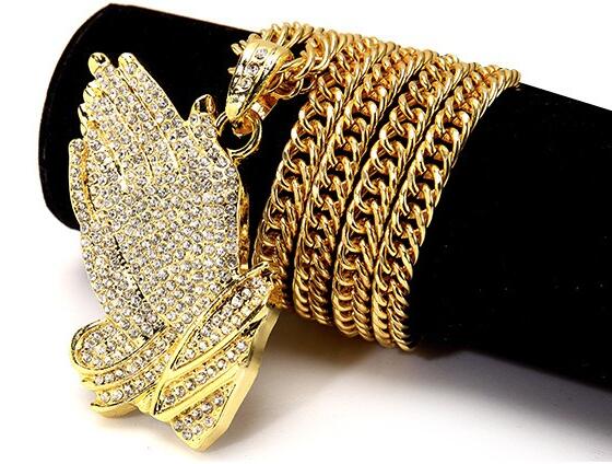

New Silver Praying Hands Hiphop Bling Necklace Mens 18k Gold Religous Jewlry Iced Out Prayer Jesus Women Men Gift Plating WL017