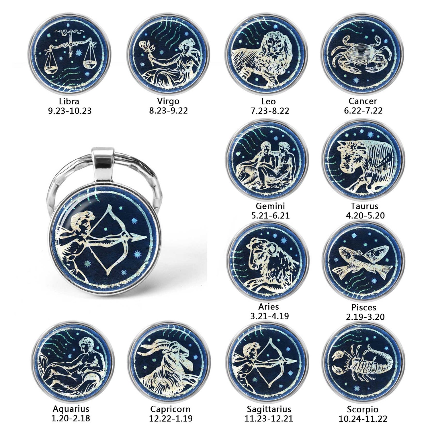 

12 Constellation Zodiac Sign Jewelry Pendant Aries Virgo Leo Cancer Key Chain Ring Round Glass Keychain Keyring Birthday Gift