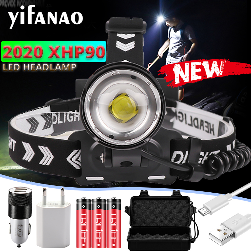 

200000Lumen NEW XHP90 Headlamp LED Fishing Headlight Ultra Powerful Camping Lantern Head Lamp Zoomable USB 18650Light