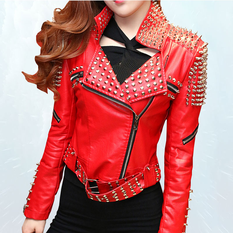 

2019 Spring autumn jacket women Red Leather Jacket Women Punk Rivets Studded Motorcycle Leather Spiked PU Outwear Female