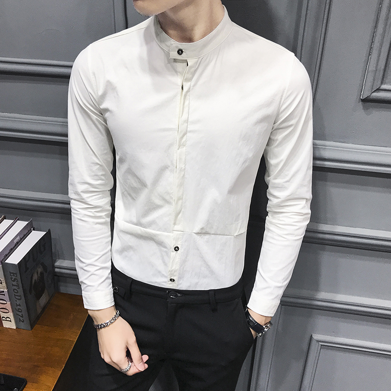 

Korean Casual Slim Fit Dress Shirts Streetwear Social Night Club Clothes Blouse Homme 2020 Spring Men's Stand Long Sleeve Shirt, Light gray