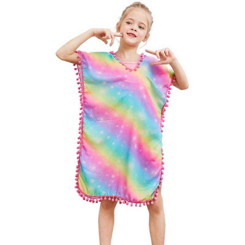 

Fioday New Summer Girls Cover-ups Swimsuit Soft Wraps Beach Dress Top with Pompom Tassel Chlid Beach Casual Swimsuits Beachwear