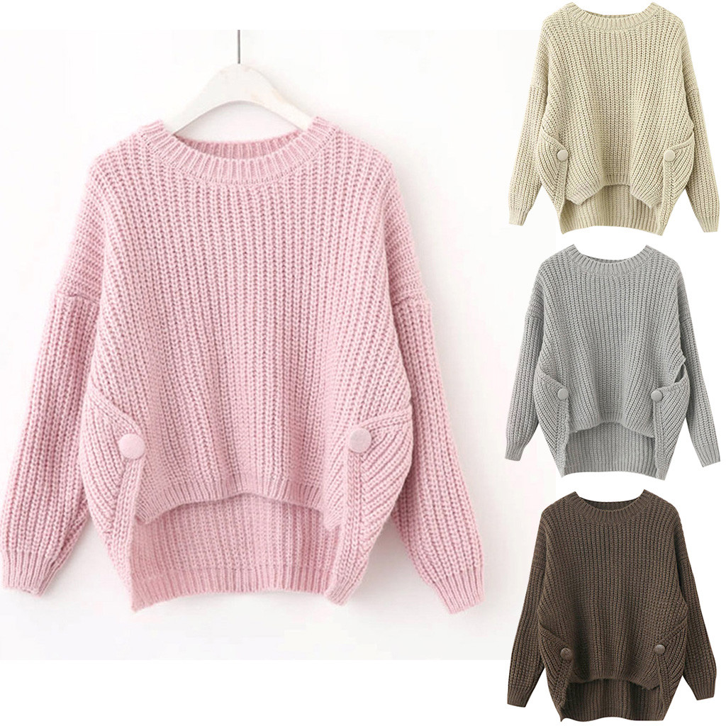 

Sweater Women Lady Casual Button Solid Bandag Versatile Loose Knit Knitted Pullovers Long Sleeve Casual Loose Pullovers sudadera, Pink