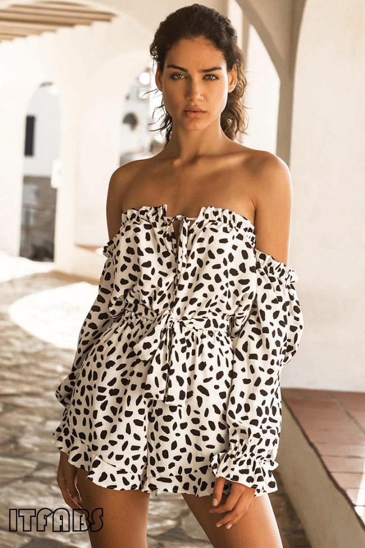

2019 New Fashion Women Jumpsuit Summer Off Shoulder Long Sleeve Playsuit Sexy Leopard Printed Ruffle Jumpsuit, White