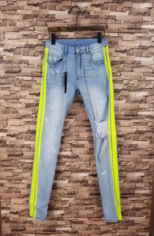 

Men Broken Painter Stretchy skinny yellow Track Jeans distressed lt blue denim pants, As pic