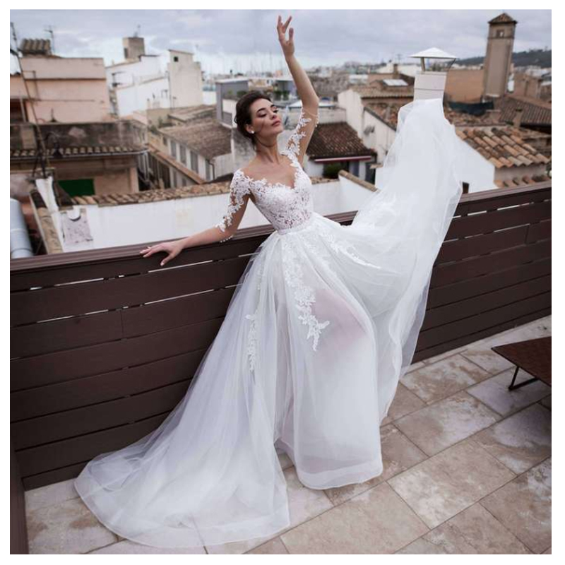 

2020 Beach Detachable Wedding Dress Scoop Appliqued Wedding Gown Half Sleeves Boho Lace Covered Button Customize Bride Dress, White