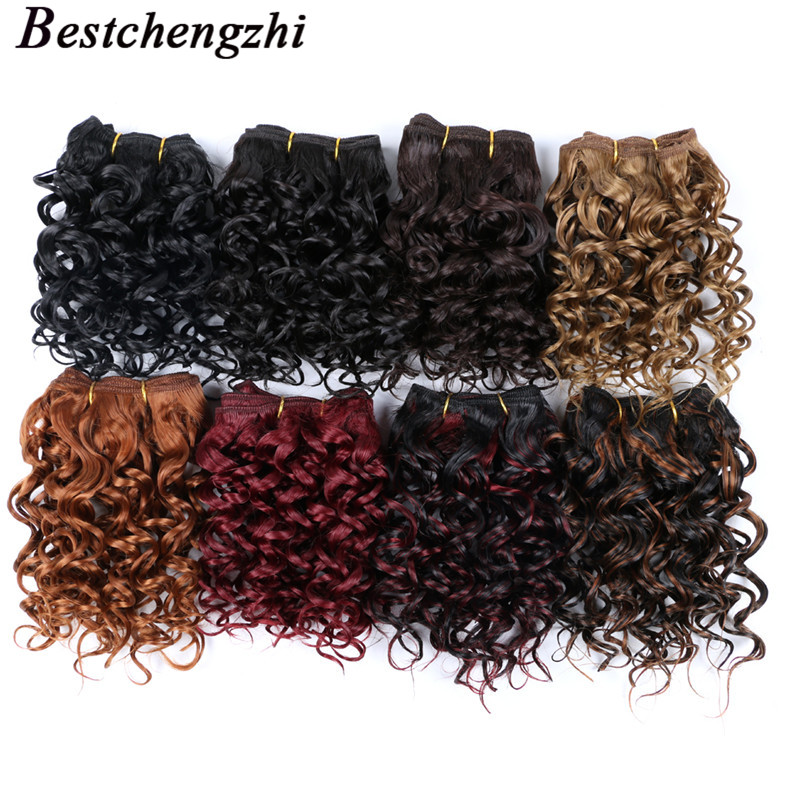 

3pcs /pack Kinky Jerry Curly 8 Inch Synthetic Hair Weft Extensions 110g/pc Crochet Hair Weaves Mixed Color Brown Black Hair Weavings, 27#