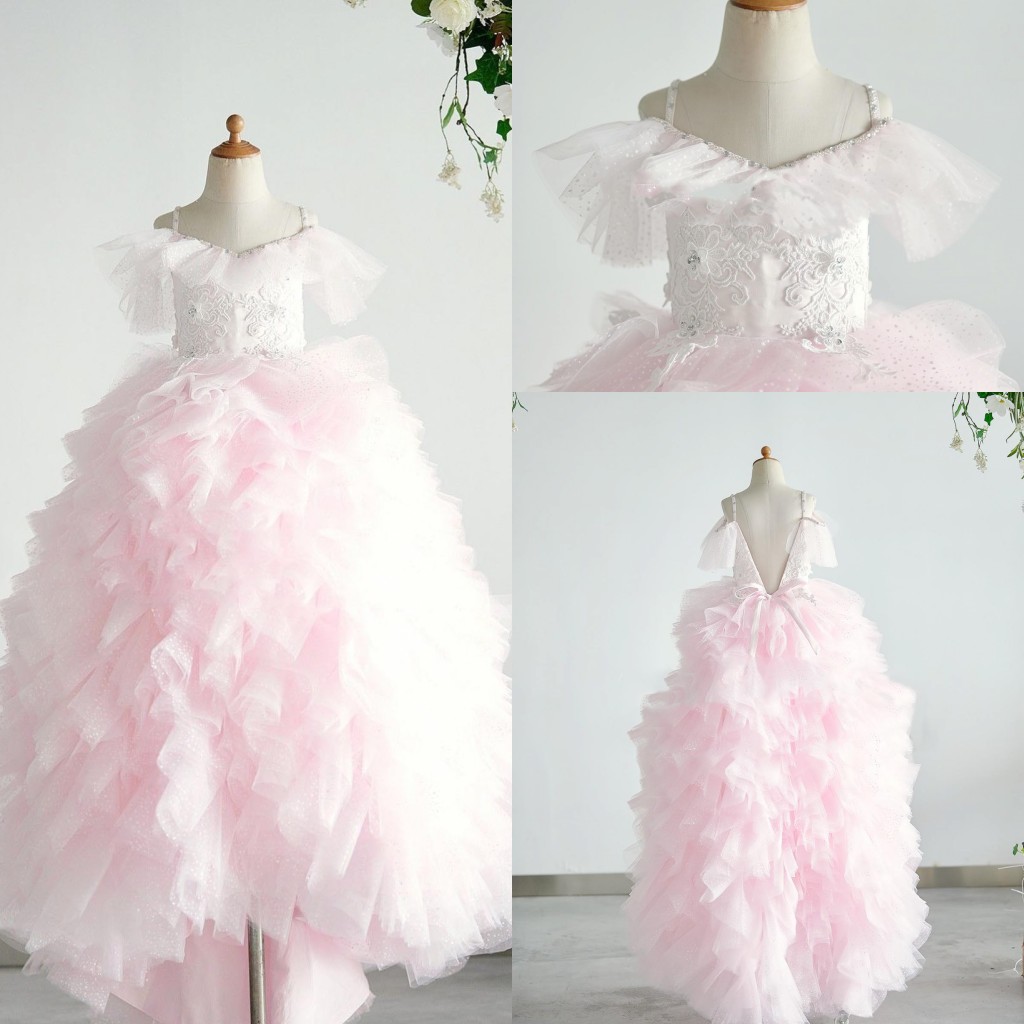 

Light Pink Flower Girls Dresses Spaghetti Tiered Ruffles Litter Girl Pageant Dress Lace Appliques Backless Birthday Gowns, White