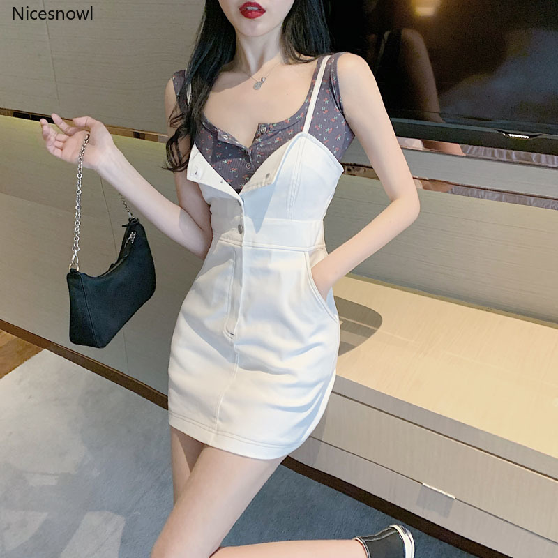 

Summer Korean Style Elegant Single-Breasted Strap Dress with Floral Vest Western Style Suit Women' Two-Piece Suit