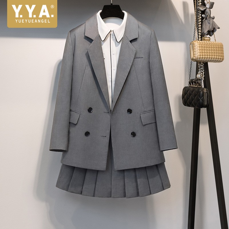 

Women Blazer Jacket Suit Set Mini Pleated Skirt Students Uniform Office Ladies Casual Outfits Slim Fit Blazers Two Piece Sets, Blue skirt