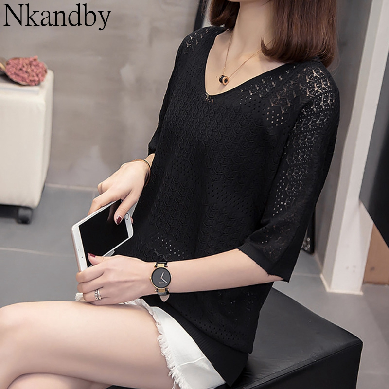 

Plus size hollow out knitted Tops T-shirt 2020 Spring Summer novelty Looose half sleeve v neck knitwear oversized knit pullovers, Black