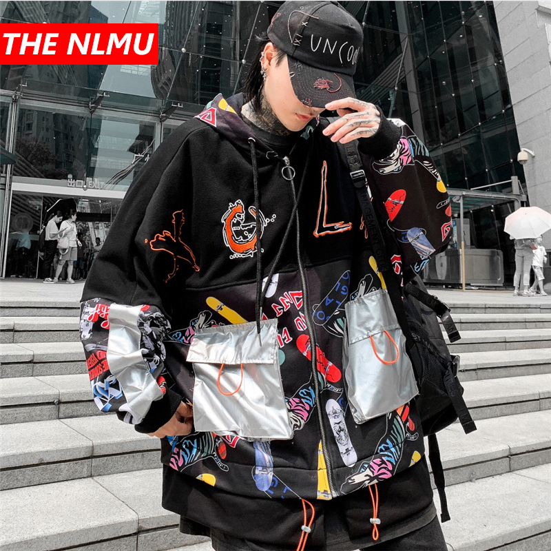 

Harajuku Men Jacket Coat Hoodie 2019 New Hip Hop Streetwear Coat Male Famale Printed Patchwork Zipper Track Jacket Loose WG653, Black