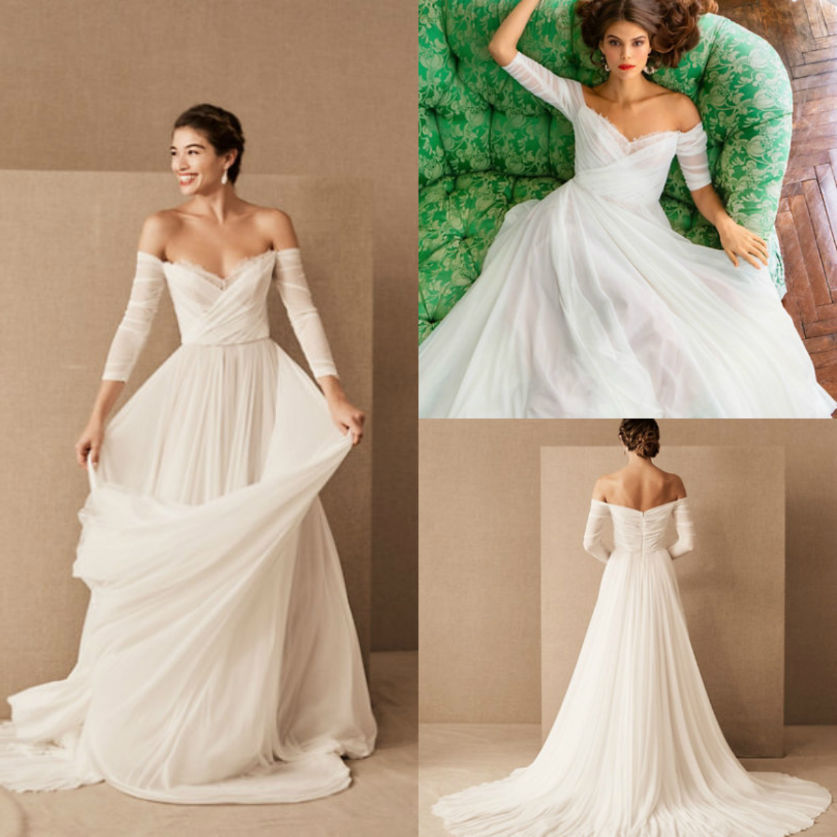 

2020 Bhldn Beach Wedding Dresses A Line Off The Shoulder Beach Bridal Gowns Sweep Train Half Long Sleeves Bohemian Wedding Dress Boho, Black