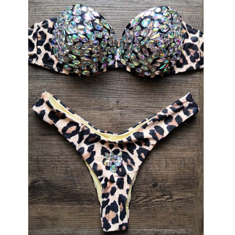 

2020 Sexy Rhinestone Bikinis Women Swimwear Push Up Leopard Swimsuit Women Bikini Diamond Luxury Bathing Suit Bandeau Beach Wear, Bi368leopard