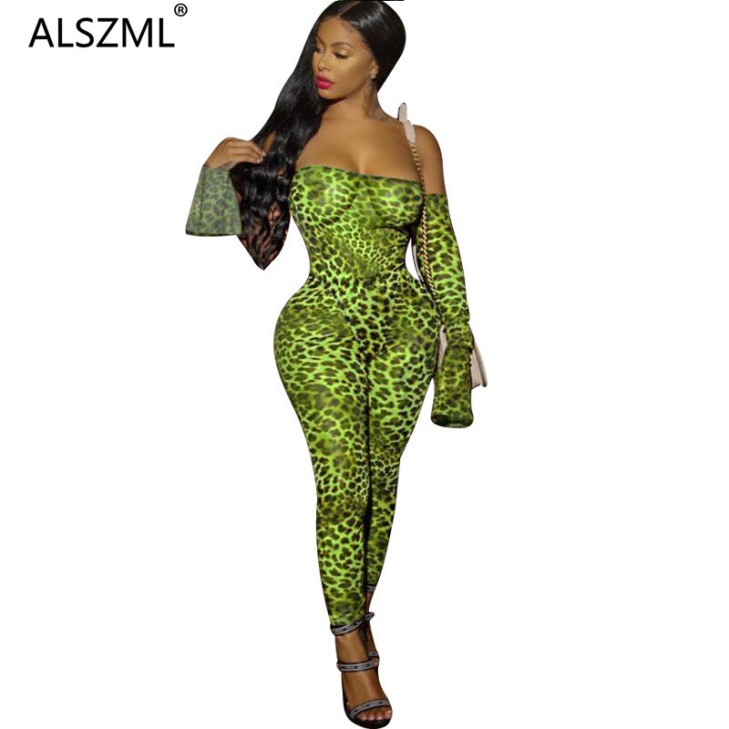 

women flare sleeve sexy cute jumpsuit leopard print overalls for women skinny sexy one piece body mujer, Black