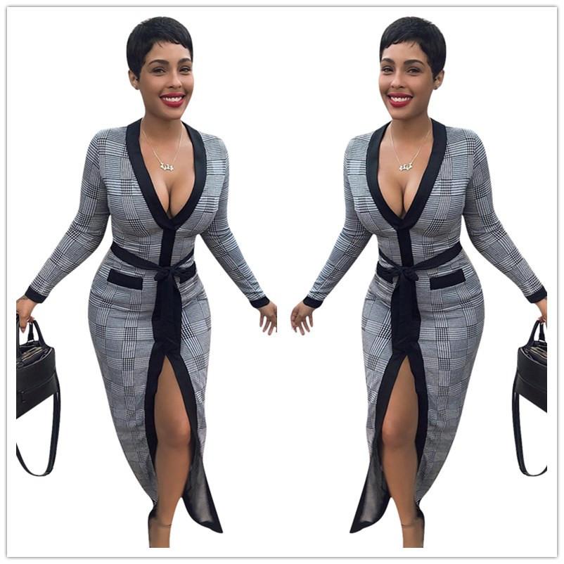 

2019 Sashes Full Sleeve Winter Women Dresses Fork Plaid Print Fashion Casual Sexy Bandage Club Night Long Maxi Dress, Black;gray